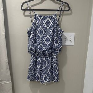 Blue and White Printed Spaghetti Strap Romper
